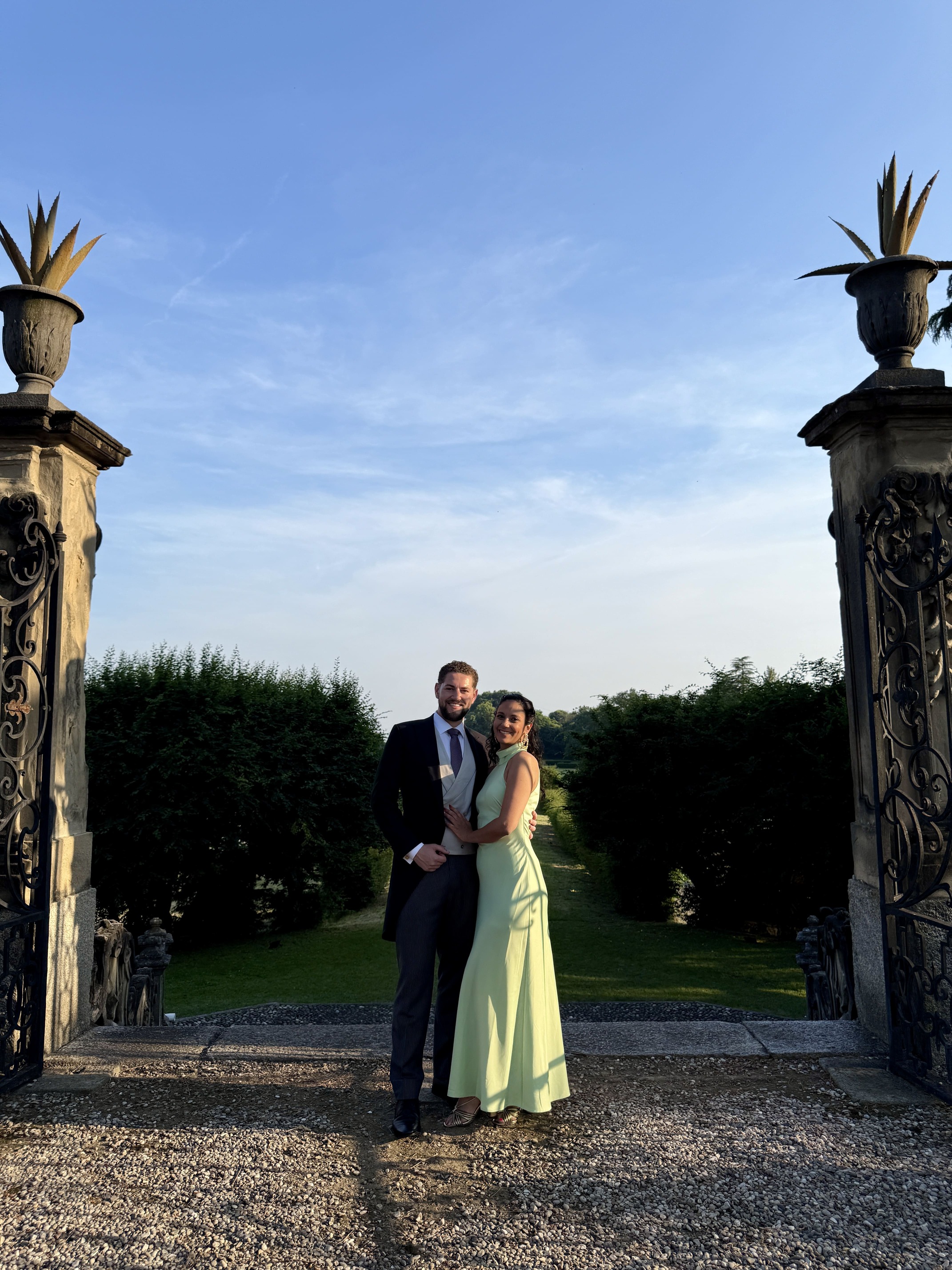 Patricia and Sebastian dressed for a formal evening in the gardens
